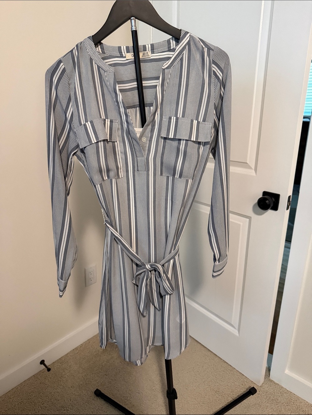 Dex Blue & White Striped Tie-Waist Mini Dress